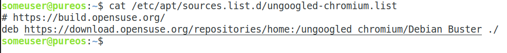screenshot mit:

someuser@pureos:~$ cat /etc/apt/sources.list.d/ungoogled-chromium.list
# https://build.opensuse.org/
deb https://download.opensuse.org/repositories/home:/ungoogled_chromium/Debian_Buster ./
someuser@pureos:~$ 